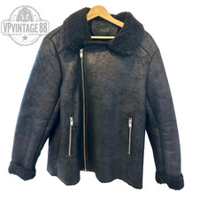 Vintage B-3 Aviator Bomber Jacket Black Sheepskin Shearling Style Leather Flight