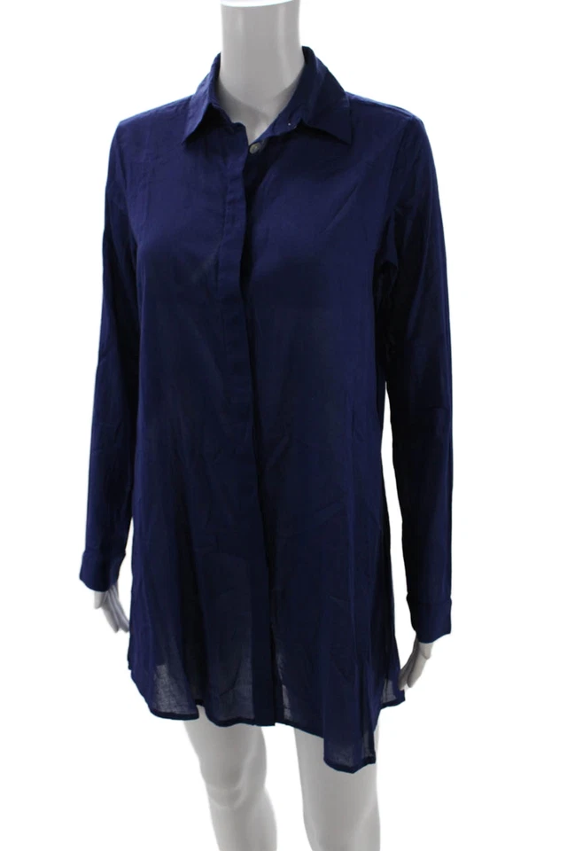 Mini Camisa Vestido Azul Samson Para Mujer Botón Delantero Manga Larga Cuello Talla Pequeña Foto 2 de 4