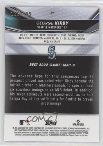 2022 Bowman's Best Aqua Lava Refractor 135/199 George Kirby #69 07i7 - Picture 2 of 3