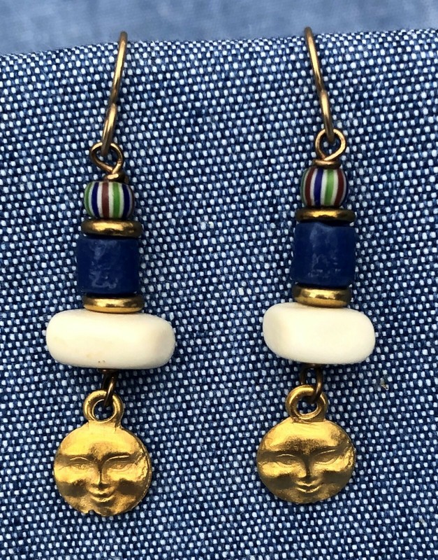 Original Design Earrings. Sunface, Bone, Glass & Trade Beads 14K/20 Hooks. 1.75"