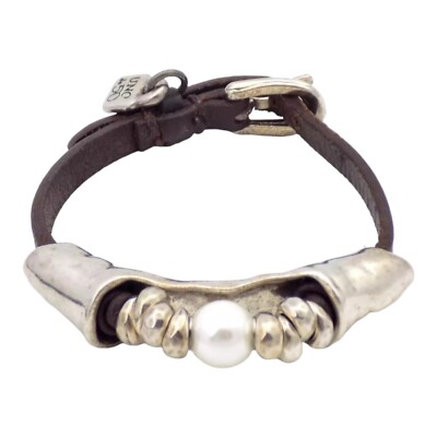 Uno De 50 menschenleertes Leder weiße Perlen Armband 7'' verstellbar 26,2 gr #4127