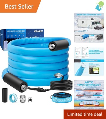 Self-Regulating Heated Water Hose - 15FT for RV & Camping, Freeze Protection
