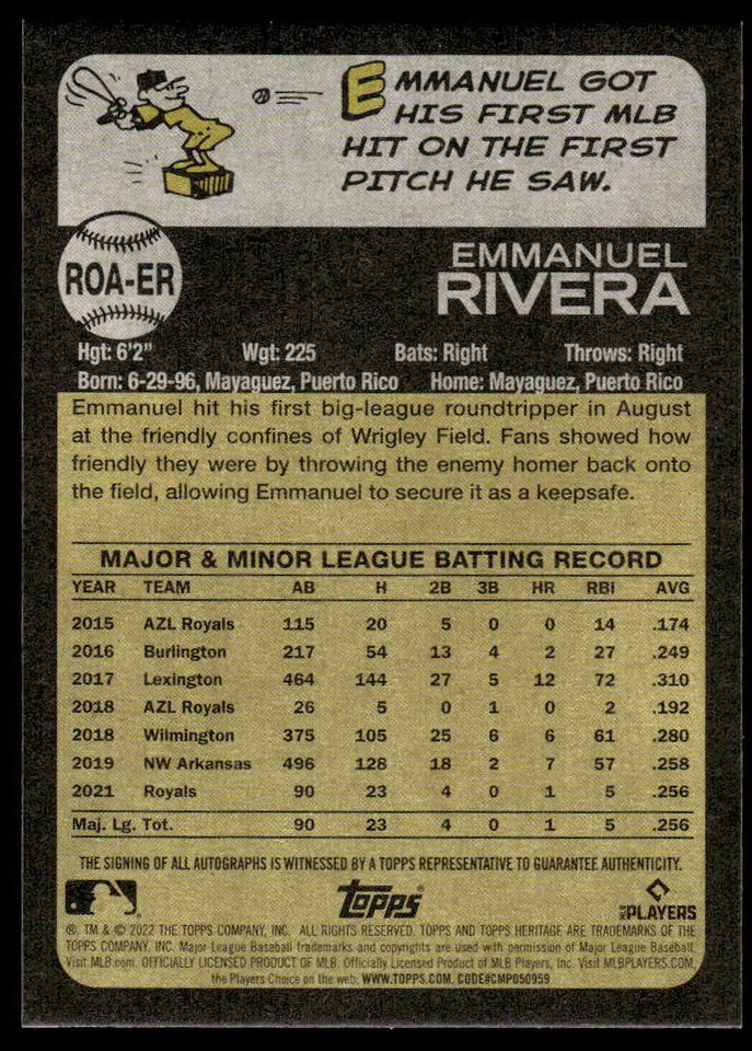 2022 Topps Heritage Emmanuel Rivera #ROA-ER Real One Auto Rookie Royals - Image 2 of 2