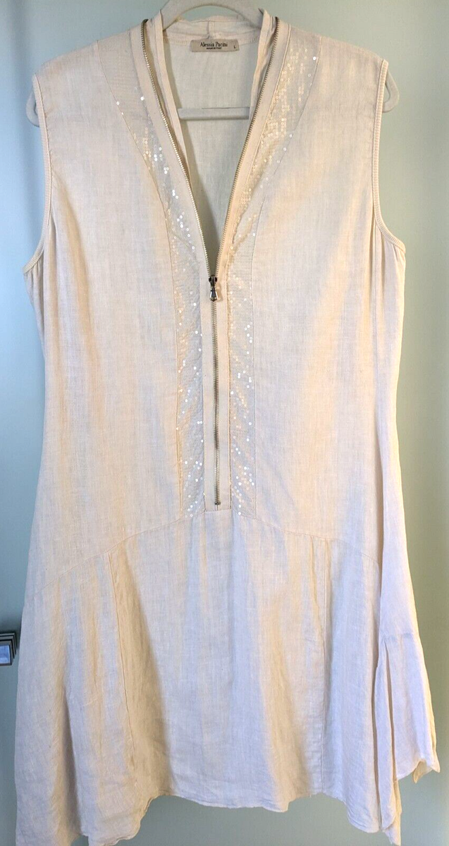 ALESSIA PACINI LINEN SIZE L SEQUINED DRESS MADE IN ITALY LENGTH