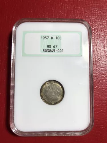 1957-D Roosevelt Silver Dime Early NGC Holder MS67 Rainbow Toning