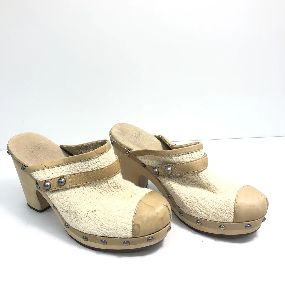 UGG Ivory Tweed Leather Cap Toe Mule Clog Jolene Wood Heeled Shoes Womens Sz 8