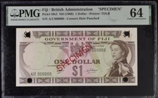 Fiji 1 Dollar ND(1969) P59s2 UNC - Specimen / PMG 64