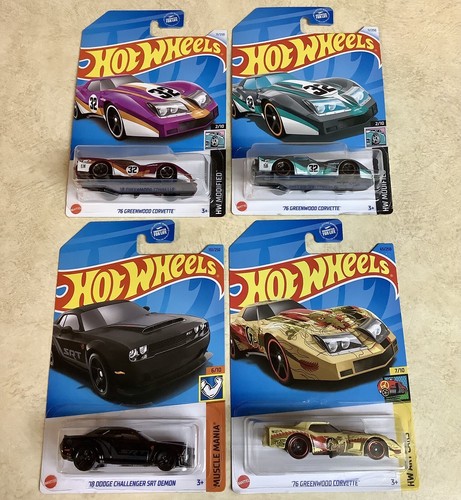 Hot Wheels ‘18 Dodge Challenger SRT Demon Black ‘76 Greenwood Corvette Lot Of 4