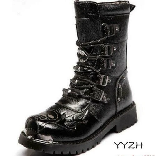 Mens Gothic Boots Punk Biker Combat Lace Black Motorcycle Cool Military Shoes UK - Picture 5 of 16
