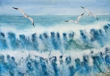 Original Artwork Modern Painting Landscape SKY SEA WAVES BIRDS Seascape Gift A4