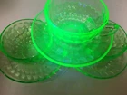 Uranium Depression glass cups and saucers optic rain