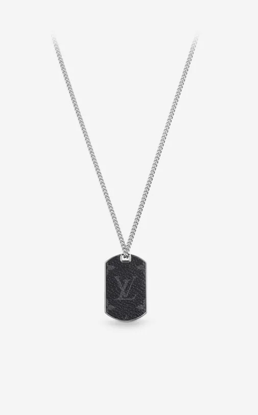 LOUIS VUITTON Monogram Eclipse Plate Chain Necklace M63640 Silver Black  with Box