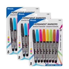Set of 3 - BAZIC Permanent Markers Fine Tip 8 Assorted Bright Colors 
