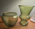 Vintage MCM Avocado Green Textured Glass Vases Set Of 2 EUC