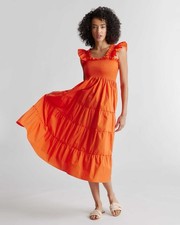 Quince 100% Organic Cotton Smocked Midi Dress Orange Red Size Small EUC