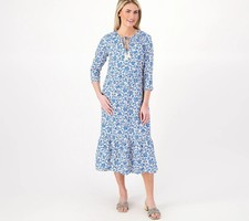 Denim & Co. Naturals Printed Size 1X Regular Midi Dress AQUA FLORAL A596346