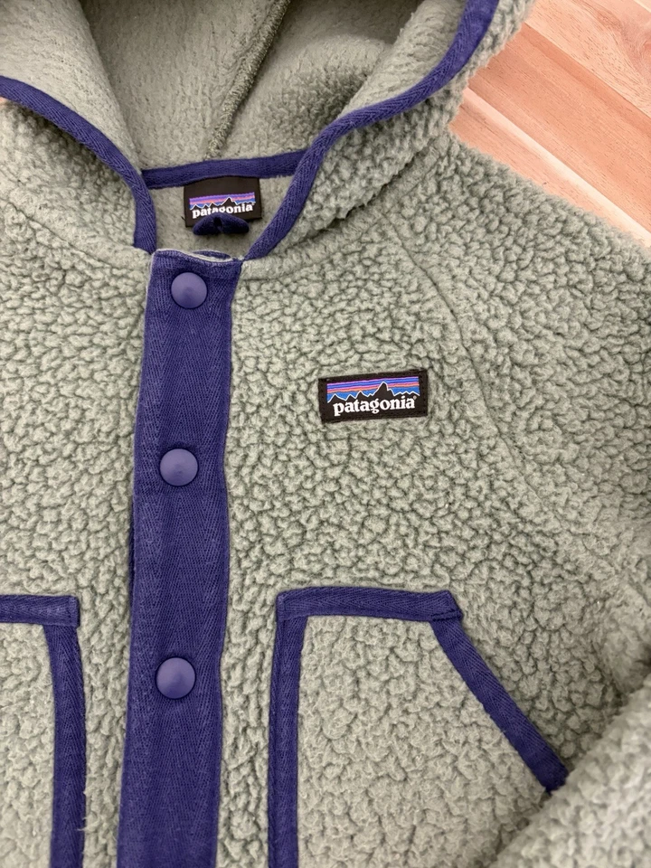 Chaqueta con capucha Patagonia para niños pequeños frente a presión retro pila polar ropa exterior verde 3T Foto 2 de 4