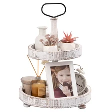 Farmhouse Tiered Wooden Tray Stand, 2 Tier Wood Round Decorative Tray with Me...
