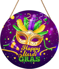 Mardi Gras Rustic Door Sign with Beads and Mask - 12"x12" Holiday Decor