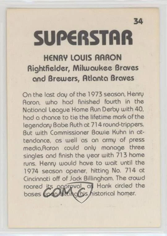 1980 TCMA Superstars Hank Aaron #34 HOF - Image 2 of 2
