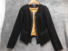 XOXO Blazer Womens Medium Black Collarless Lined Open Pockets Crepe Slim
