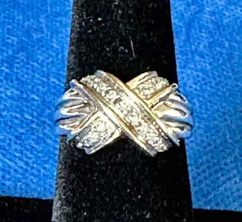 GPP Marked Sterling Silver Ring w 14k Gold Diamond Set Ribbon Face.  Sz 7.125