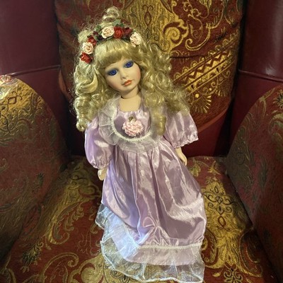 Vicky Anguish porcelain doll lavender dress, blue eyes floral crown, blonde