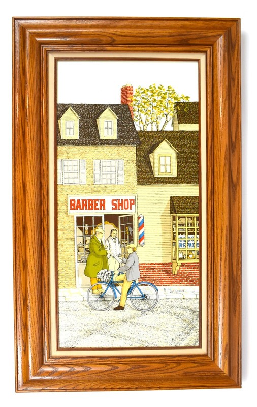 H. HARGROVE "Barbershop" Certified Serigraph Painting -Solid Wood Frame 32 x 18