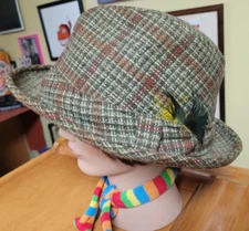 VTG Richman Brothers Tweed Fedora Trilby Detective Hat Cap Large Wool Feather