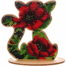 DIY Bead Embroidery on wood kit "Cat ornament Poppies"