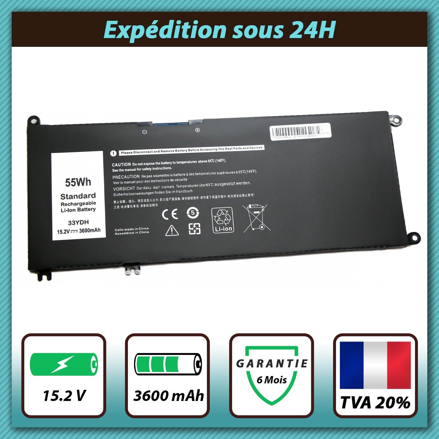 Batterie 33YDH Dell Inspiron 17-7773 dotée de cellules lithium polymère 15.2V