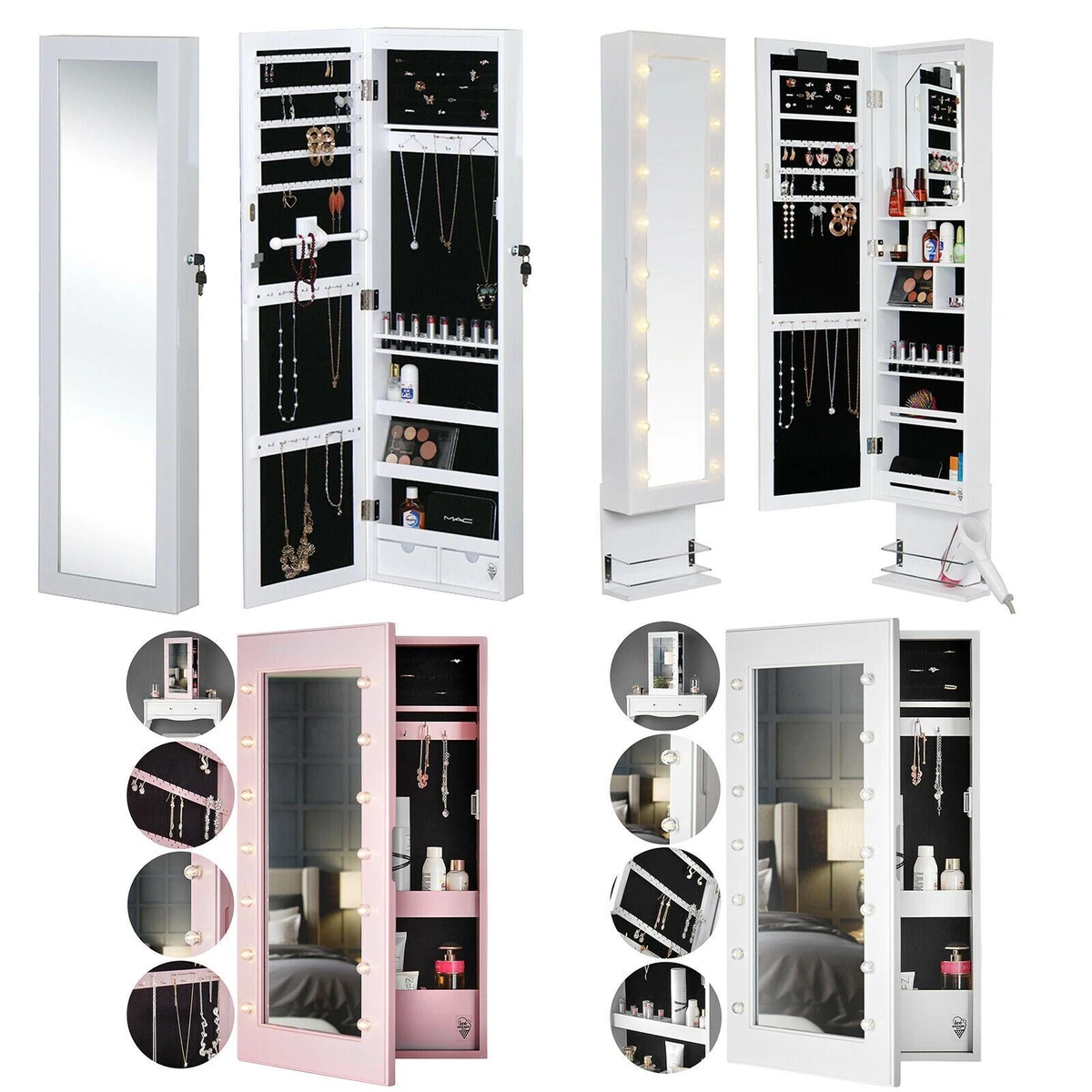 Wall Mounted Desktop Mirror Jewellery Cabinet with LED Lights Makeup Storage