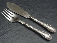 großes altes Fisch Vorlegebesteck Messer Gabel versilbert Monogramm um 1900