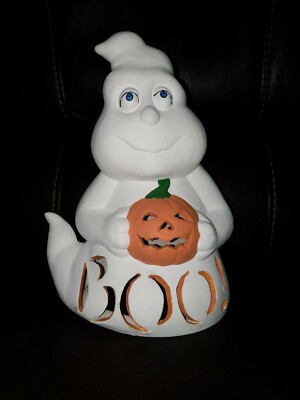 Vtg Large Ceramic Boo Ghost Holding Pumpkin Halloween Decor Light | eBay