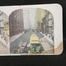 Stereoview Trolly Horsedrawn Wagon Dearborn Street Chicago Ill. Illinois Tinted 