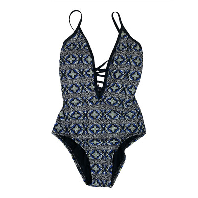 Ella Moss Swimsuit Women's XS Plunge Blue Black Print One Piece