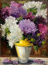 Original Oil Painting Lilac Flowers Impressionist Still Life Art Impasto 16x12in