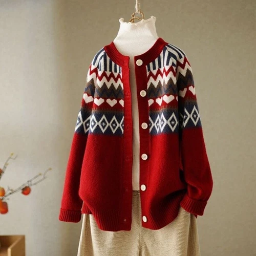 Lady Knitted Sweater Coat Jacket Tops Loose Cardigan Ethnic Knitwear Retro Warm - Bild 10 von 21