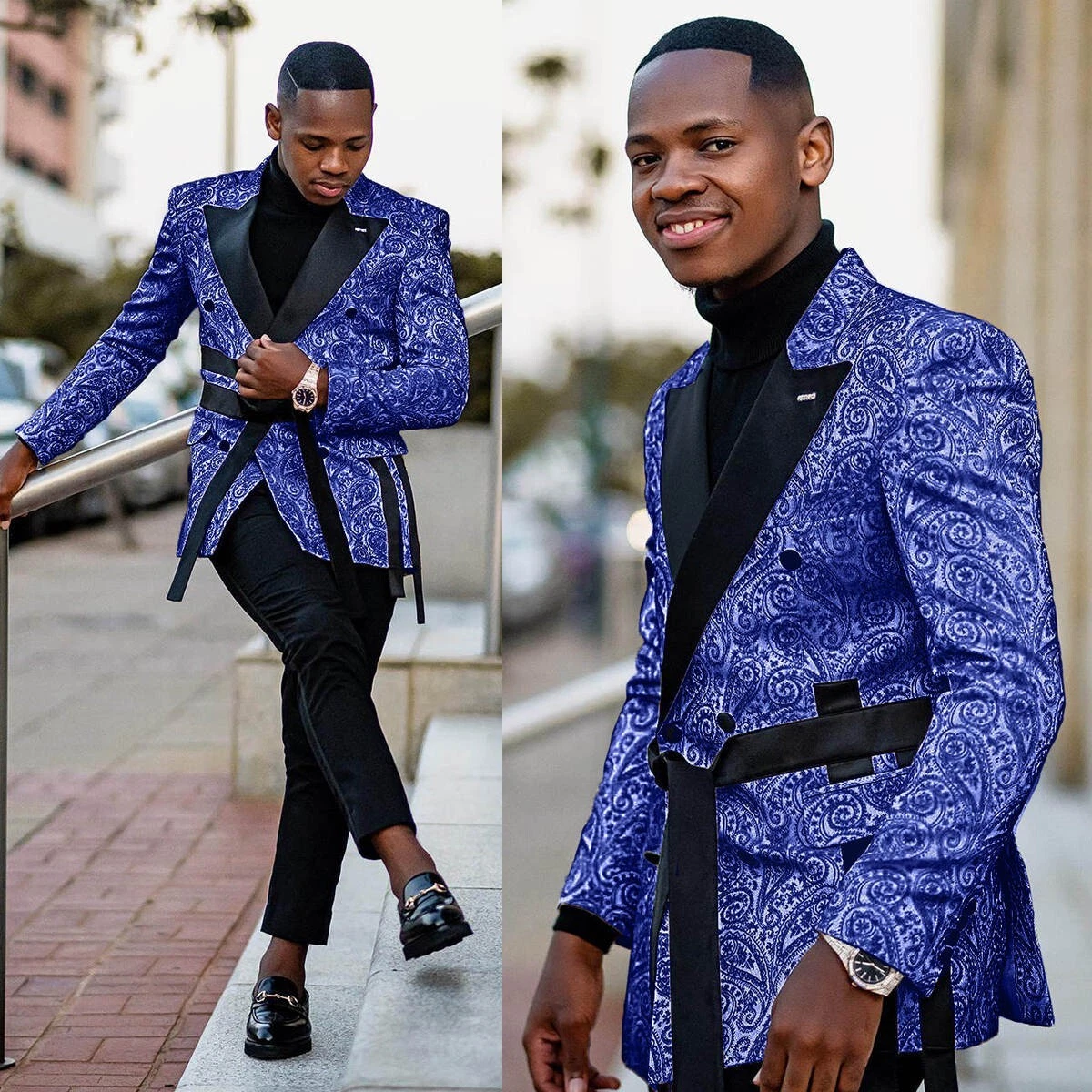 Paisley Floral Men Suits Slim Fit Formal Prom Peak Lapel Tuxedos Double Breasted