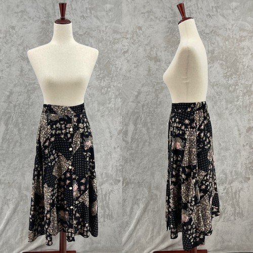 Vintage 90s Womens M Floral Patchwork Print Rayon A-line Midi Skirt Flowy Grunge