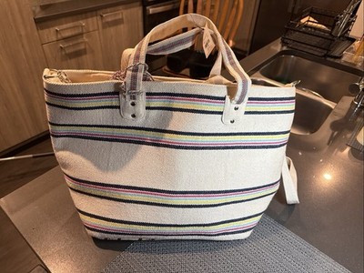 francesca's Large Ivory Striped Zip Tote w/ Detachable Strap Tassel Pockets