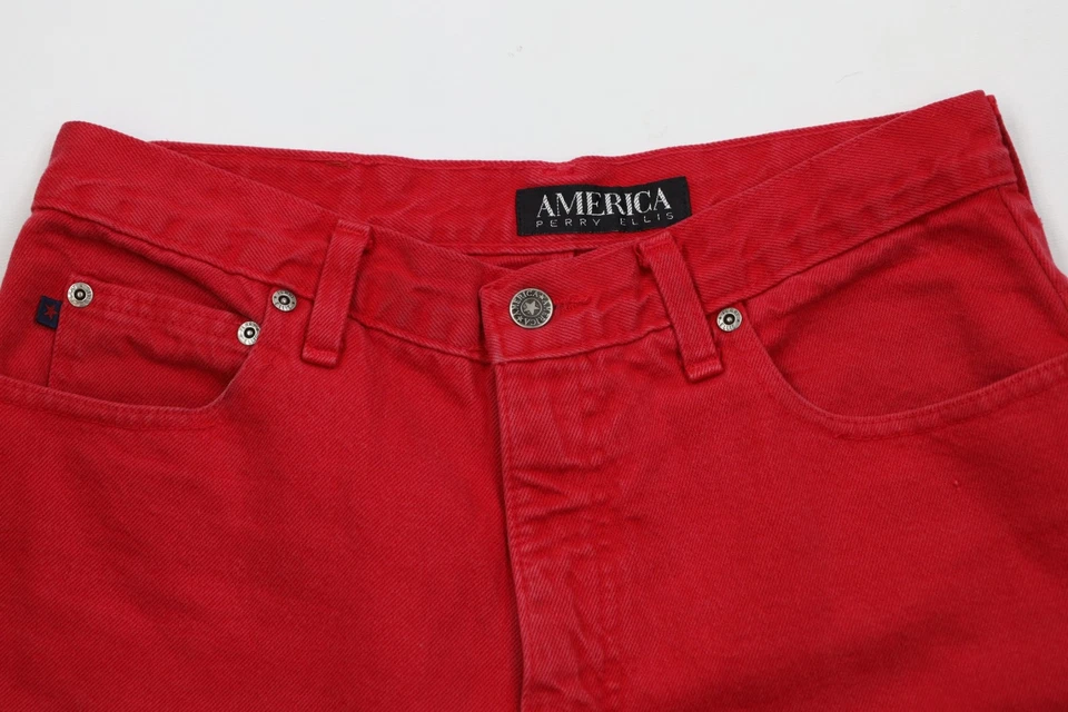 Shorts jeans vintage anos 90 Perry Ellis masculino 30 desbotado soletrar vermelho EUA - Imagem 2 de 4