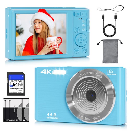 for Teens FHD 4K 44MP Autofocus Camera with 64GB Card 2 Batteries Lanyard 16X Di