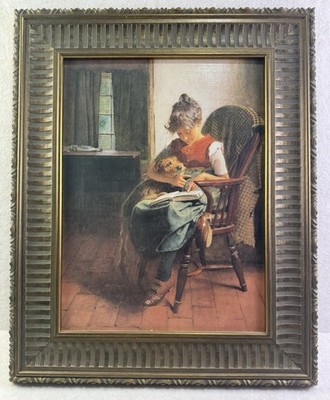 Vintage Jessie Willcox Smith Girl Reading w Dog Framed Art Print