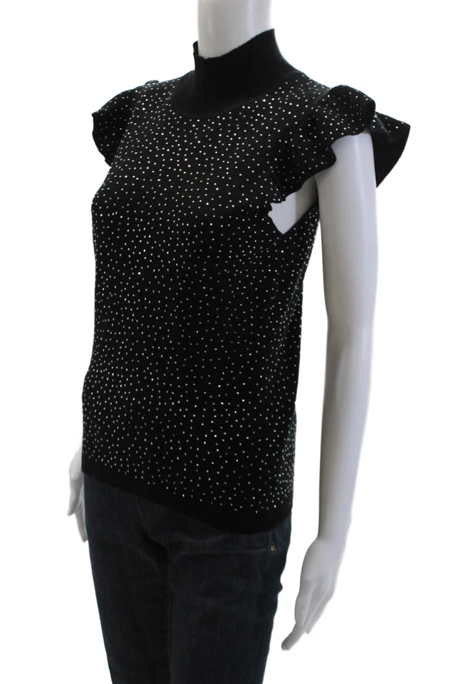 Generation Love Women's Turtleneck Cap Sleeves Rhinestone Blouse Black Size M - Image 2 of 4