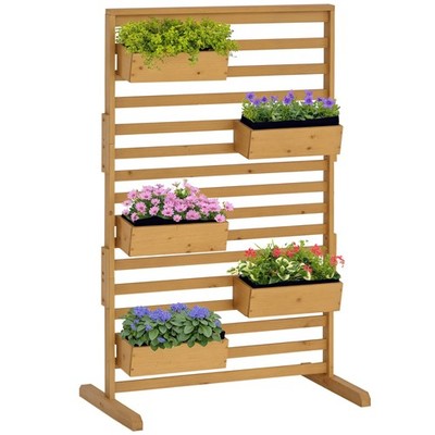 Plant Stand with 5 Hanging Planter Boxes Slatted Trellis, Natural