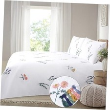 White Floral Duvet Cover Cotton Flower Embroidered Pink Queen White Colorful