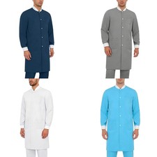 Men Botton Up Hospital Lab Coat Long Sleeve Workwear Tops Long Jacket Pockets