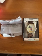 Disney Classic Mickey Mouse Pointing Hands Brown Strap Watch In Box Complete
