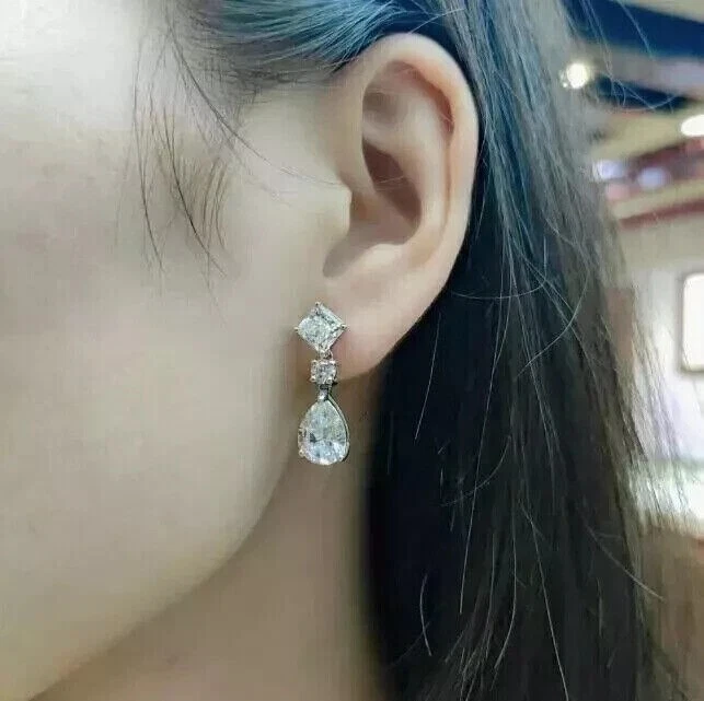 5Ctw Pear Cut Created Diamond Women's Drop/Dangle Earrings 14k White Gold Plated - Image 3 of 3